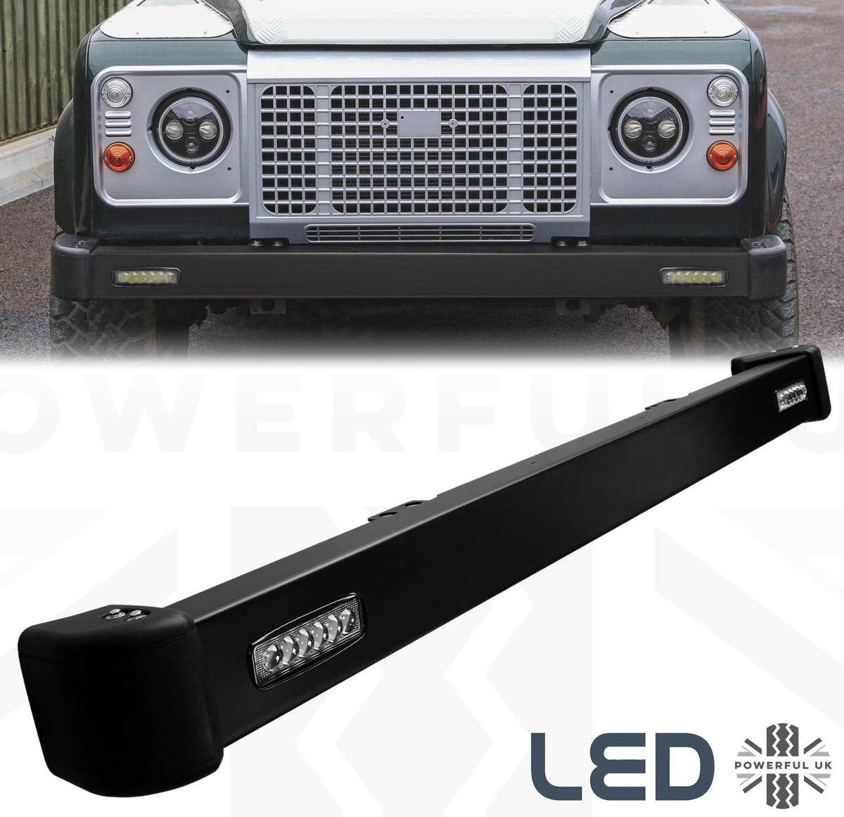 Front Bumper - Black with Rectangular DRL's - for Land Rover Defender