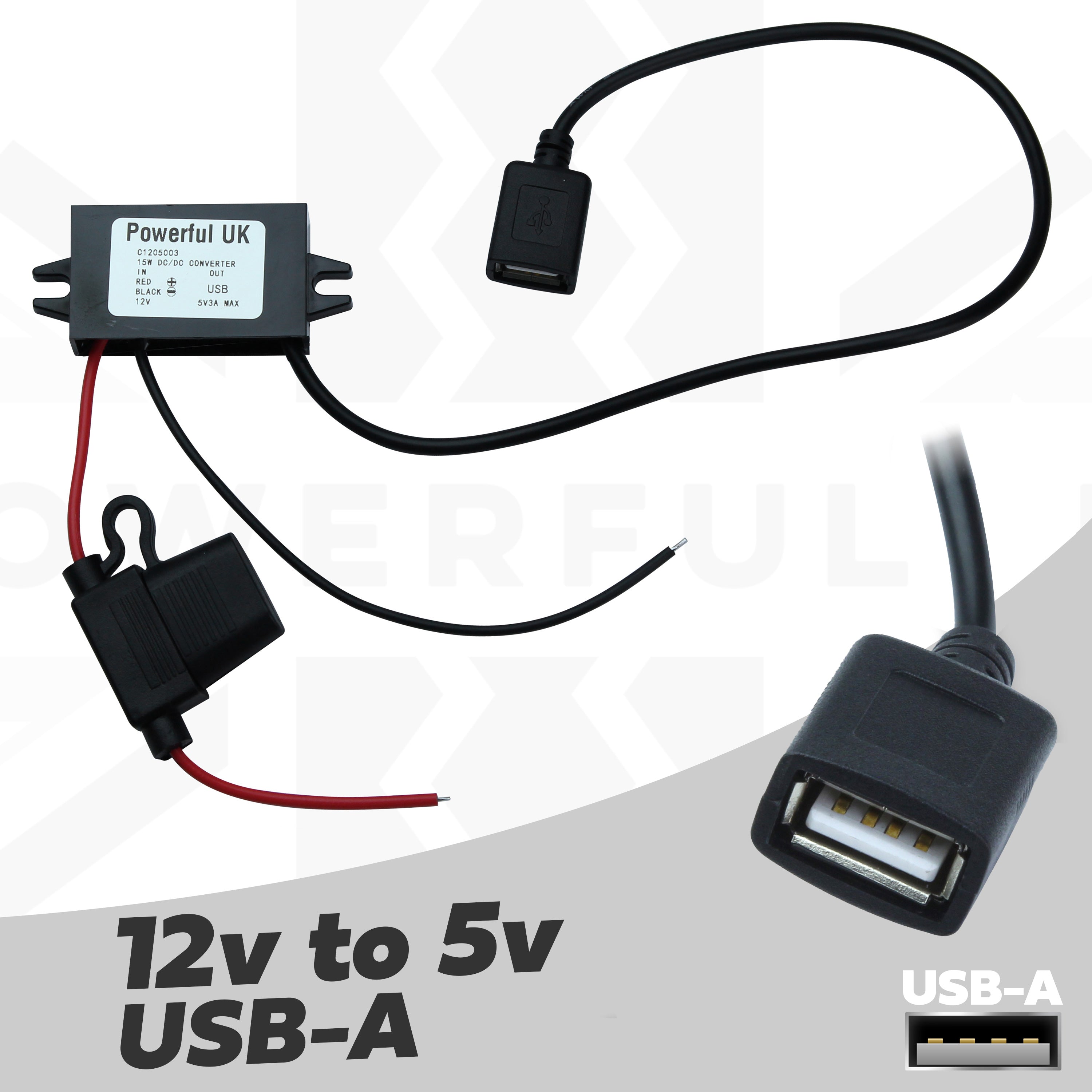 12v to 5v (3A) USB-A Port Adapter Kit – Powerful UK