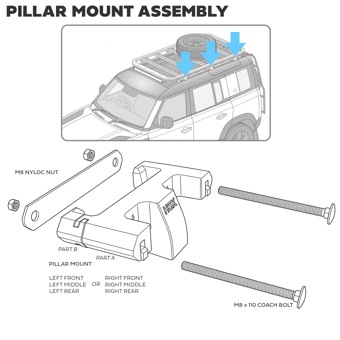 Awning Pillar Mount for Expedition Roof Rack for Land Rover Defender L663 - Left