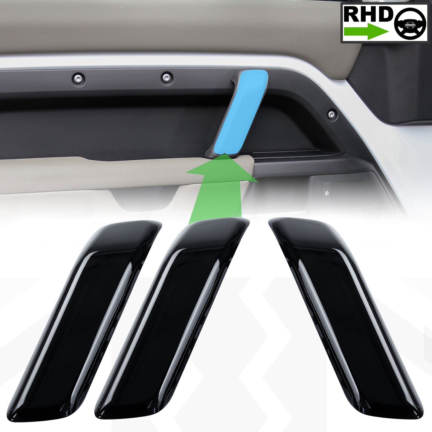5pc Gloss Black Interior Trim Kit (Centre console & door pulls) for Land Rover Defender - 110/130 - RHD