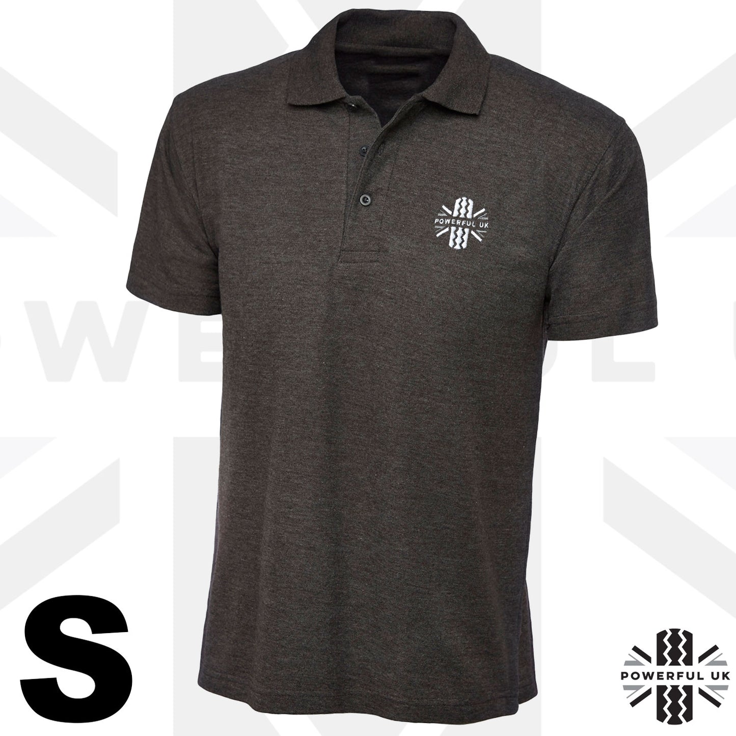 Embroidered Polo Shirt Powerful UK Ltd "Merch" - Charcoal Grey - SMALL