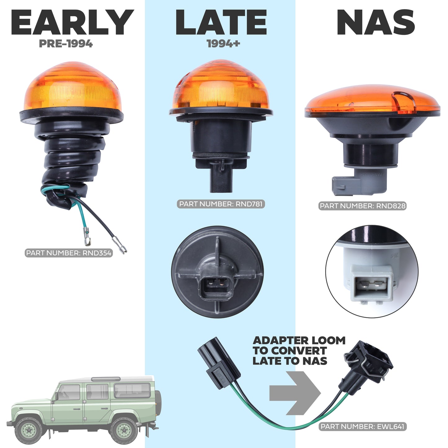 2x Wipac Stdanrd to NAS Light Adapter Looms for Land Rover Classic Defender