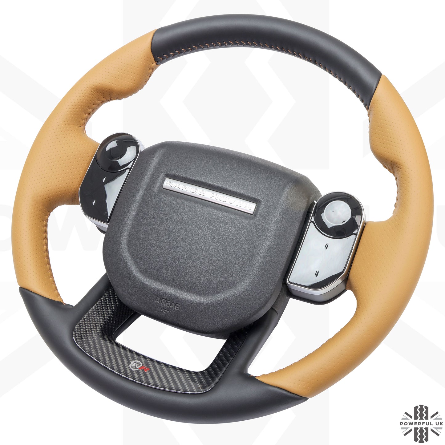 Range Rover Sport L494 SVR Steering Wheel - Heated - Carbon Insert - Sport Grip - Vintage Tan Perf Leather