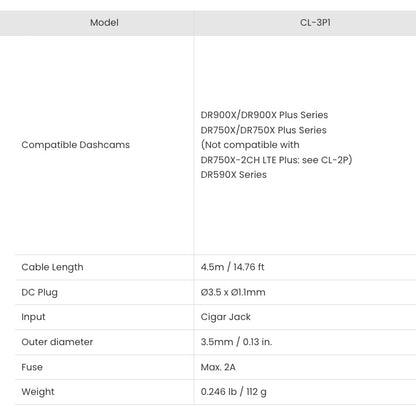 BlackVue Cigarette Lighter Power Cable - 3 Wire Type