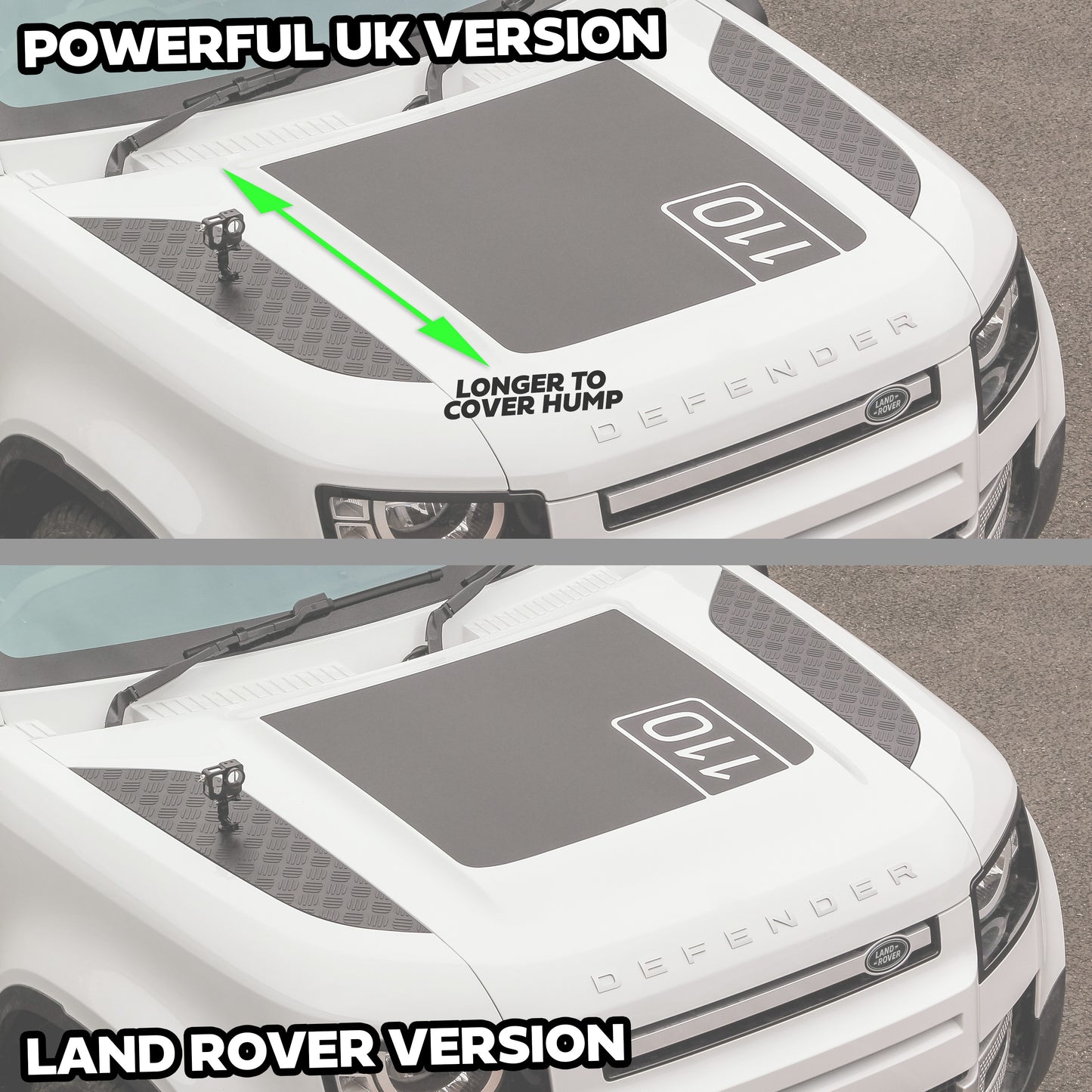 Bonnet Decal '90+110+130' - Aftermarket (Longer) for Land Rover Defender L663