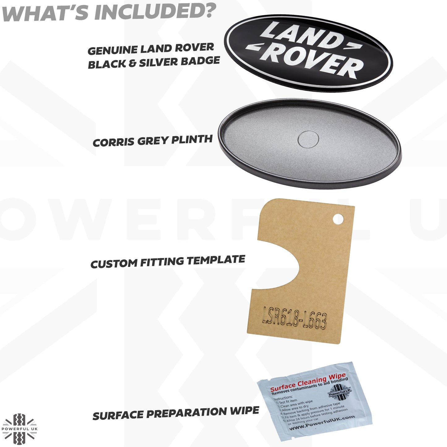 Black & Silver Badge on Corris Grey Plinth for Land Rover Defender L663
