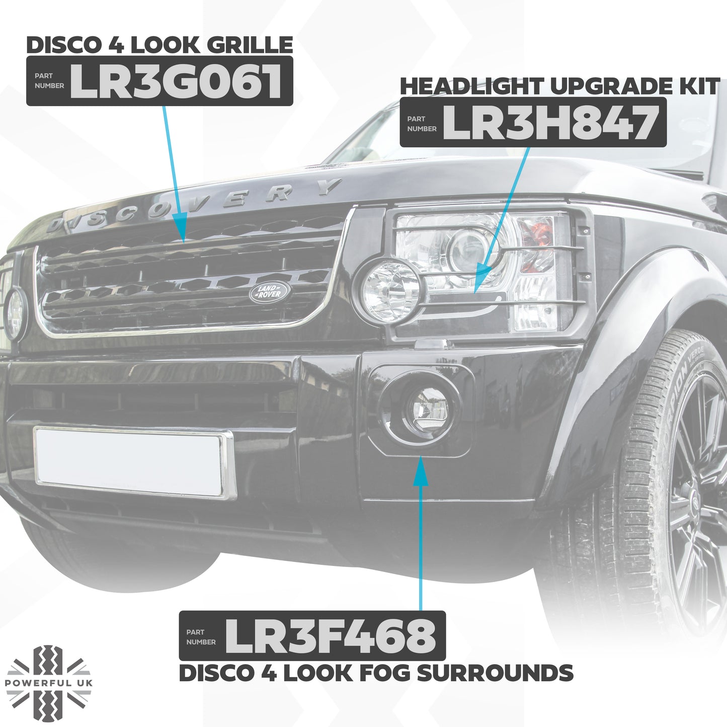 Front Bumper Fog Bezels - Discovery 4 style - Gloss Black - for Land Rover Discovery 3 - PAIR
