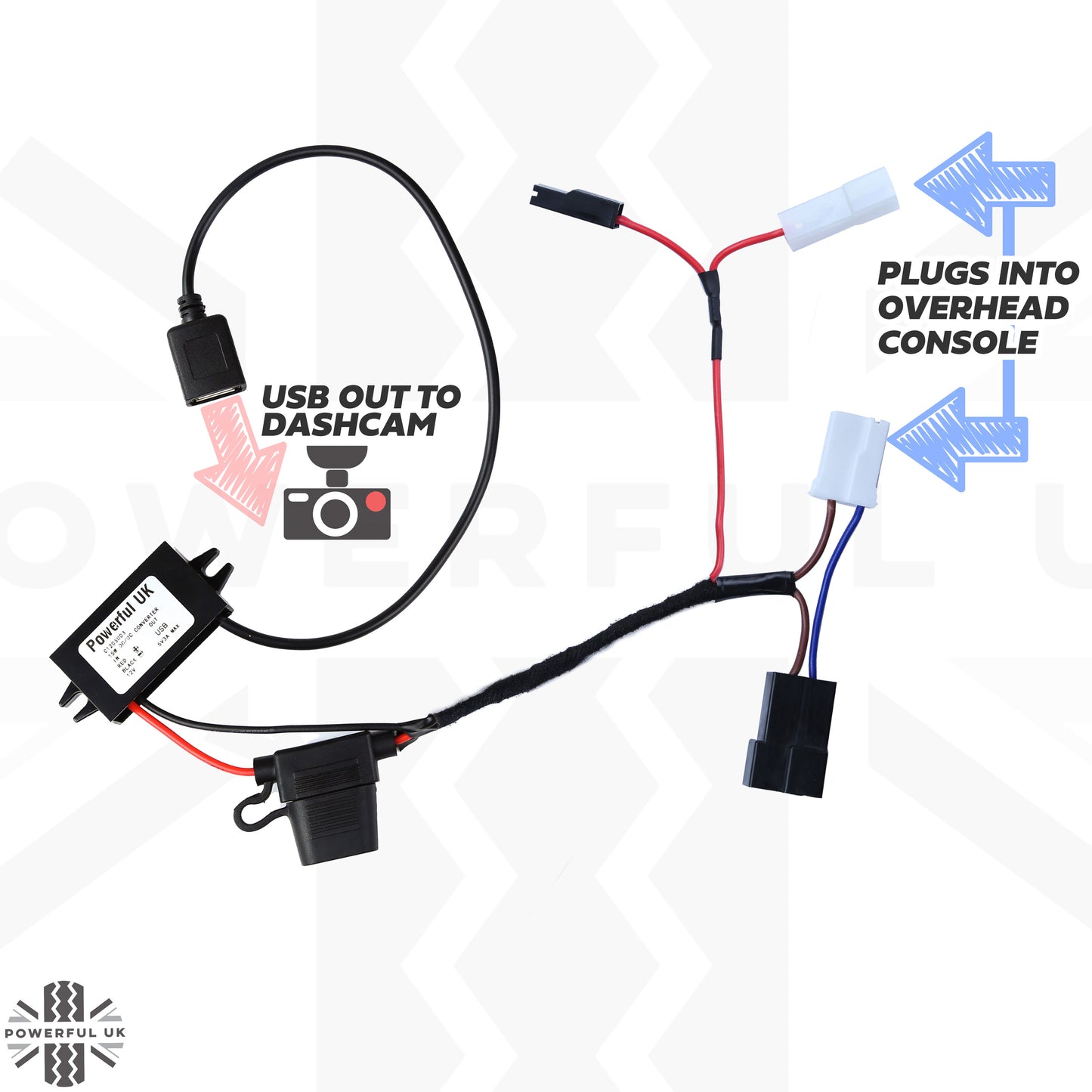 Overhead Console 'Dashcam' Wiring Kit - Tap-in Loom + USB-A Adapter for Ford Fiesta