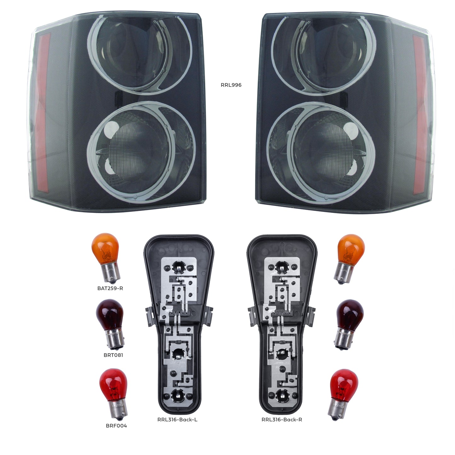 Rear Lights Smoked "Supercharged Type" for Range Rover L322 2002-09 - PAIR - Kit With Bulbs & Bulb Holders