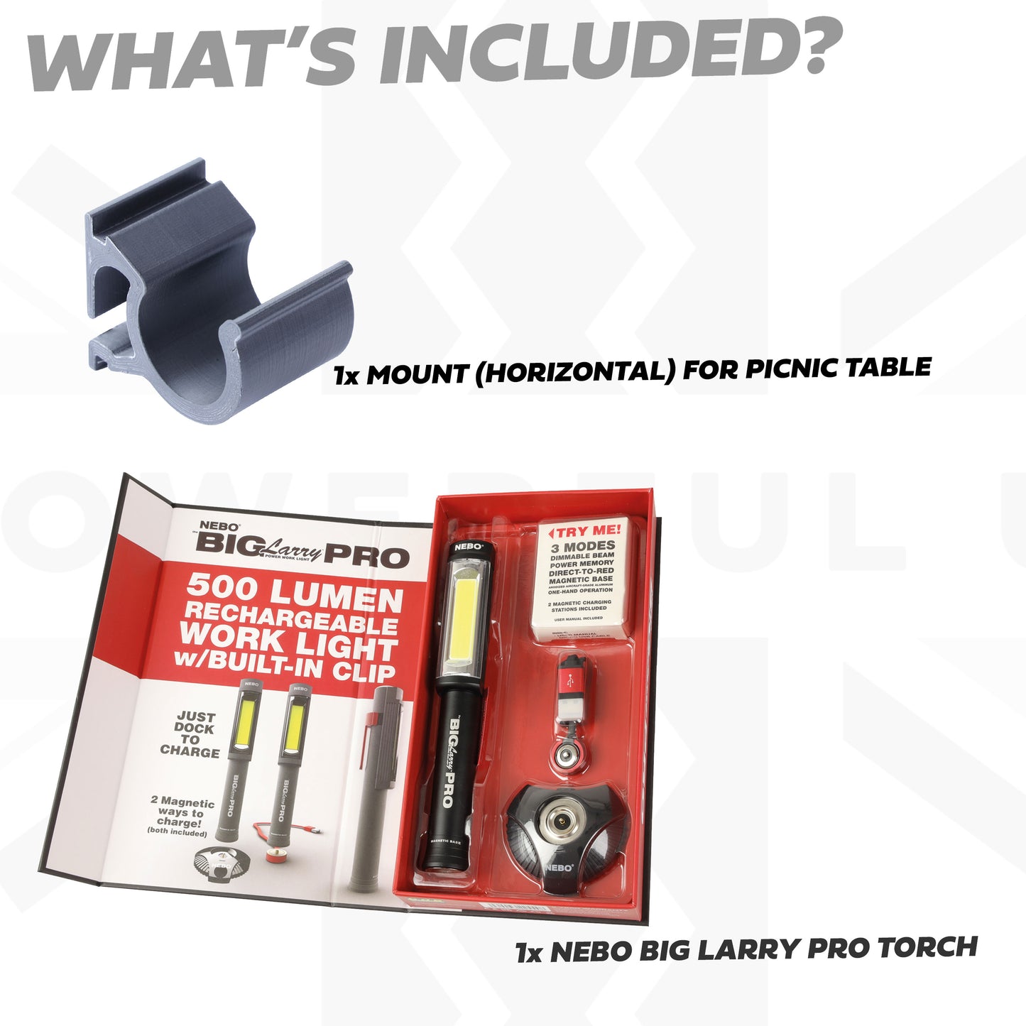 'Big Larry Pro' Torch + Mount Kit for Folding Picnic Table for Land Rover Defender L663 - Horizontal