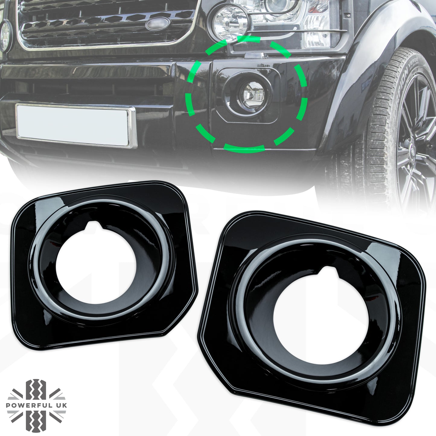 Front Bumper Fog Bezels - Discovery 4 style - Gloss Black - for Land Rover Discovery 3 - PAIR