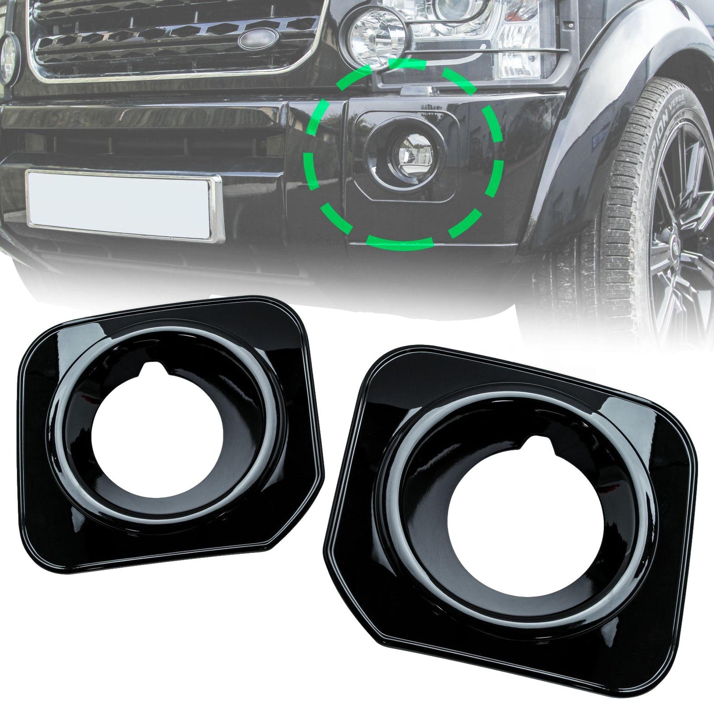 Front Bumper Fog Bezels - Discovery 4 style - Gloss Black - for Land Rover Discovery 3 - PAIR