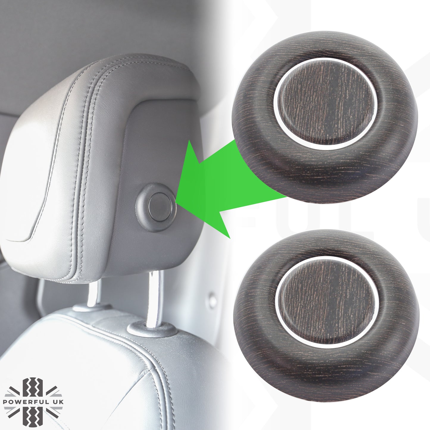 Front Seat Headrest Button Covers for Land Rover Defender L663 - LARGE TYPE - Oak Wood