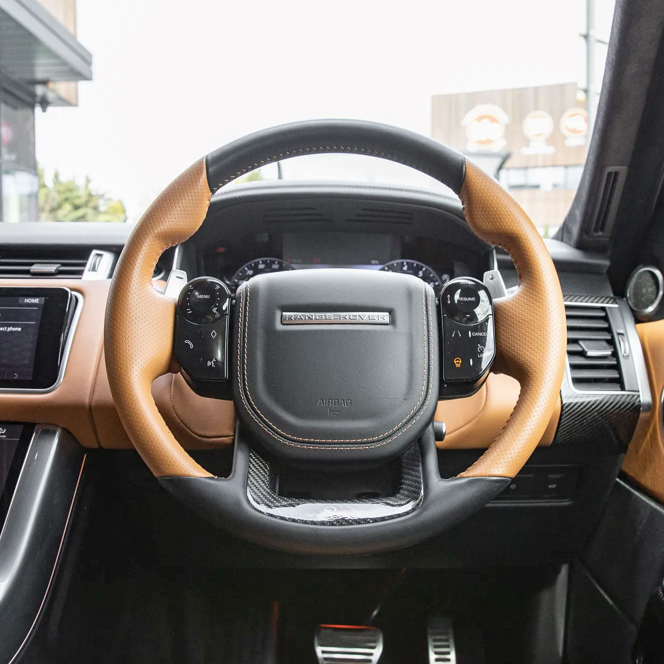 Range Rover Sport L494 SVR Steering Wheel - Heated - Carbon Insert - Sport Grip - Vintage Tan Perf Leather