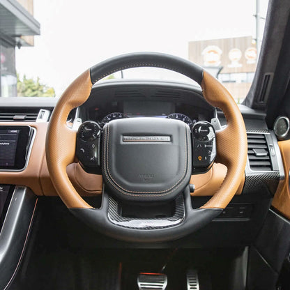 Range Rover Sport L494 SVR Steering Wheel - Heated - Carbon Insert - Sport Grip - Vintage Tan Perf Leather