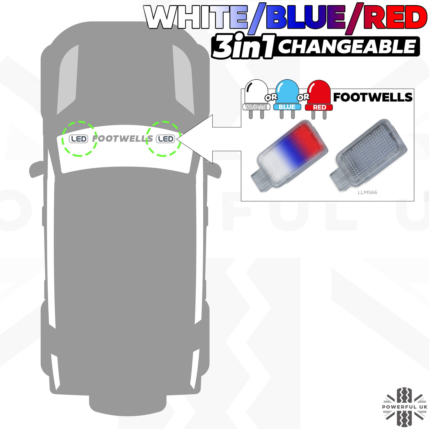 WHITE-RED-BLUE LED interior Footwell ambient lamp upgrade for Land Rover Defender L663 (2pc)
