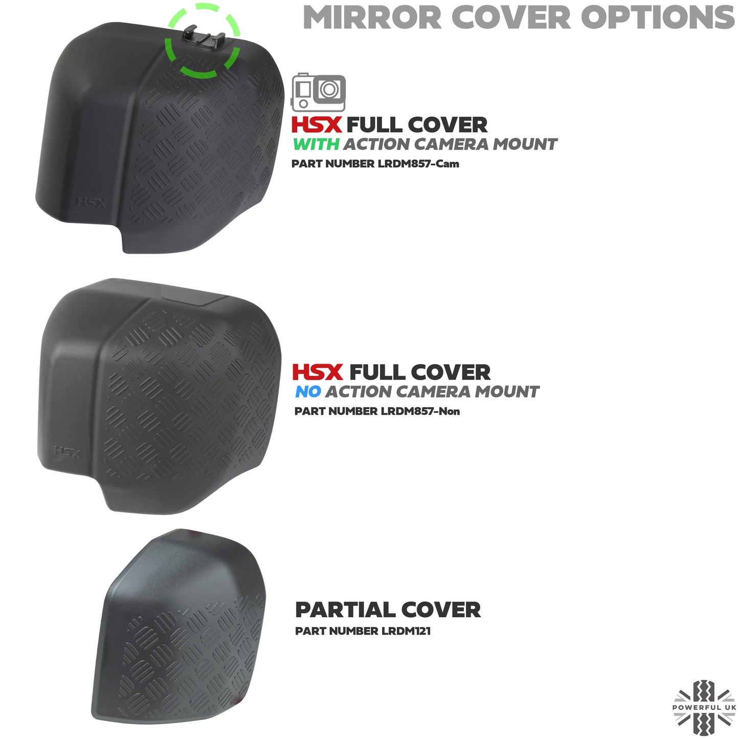 Extended Mirror Covers Chequer Plate  for Land Rover Defender L663 - with Action Camera Mount