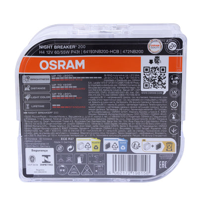 OSRAM H4 high Power 'Night Breaker 200' Bulbs (Pair) for Land Rover Defender