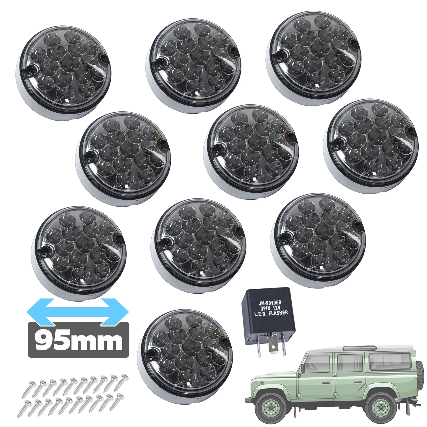 95mm 10pc NAS LED Light Kit for Land Rover Classic Defender - Smoked Lens