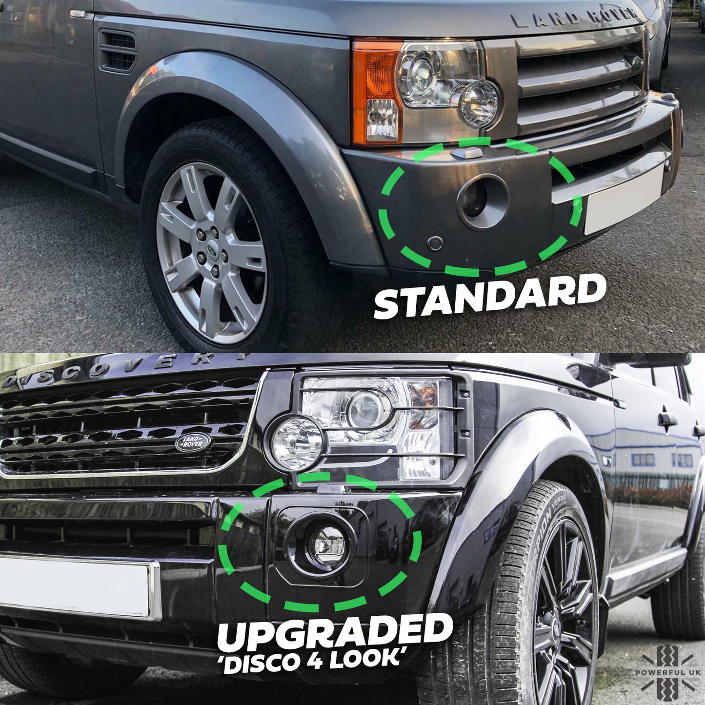 Front Bumper Fog Bezels - Discovery 4 style - Gloss Black - for Land Rover Discovery 3 - PAIR