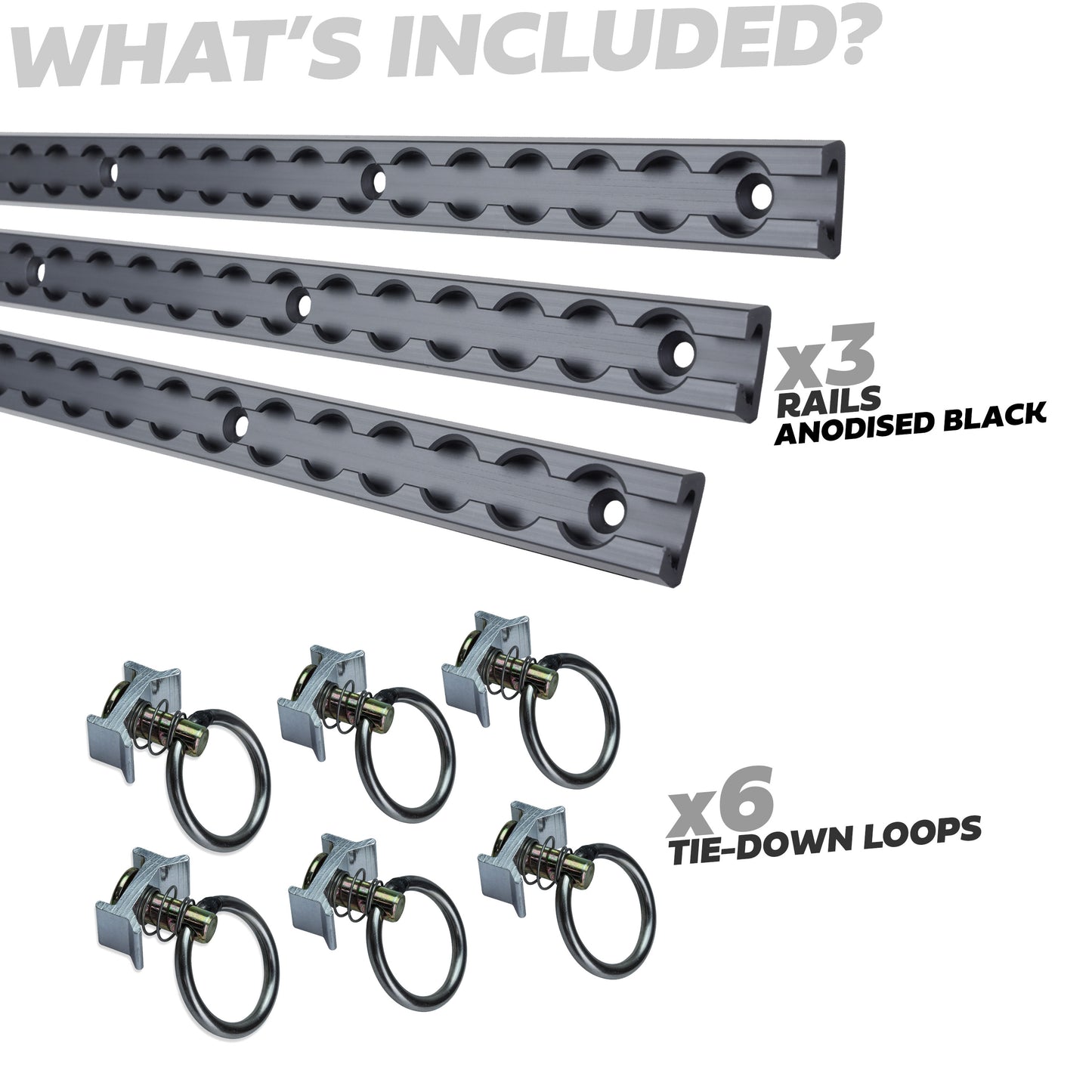 3x Cargo Track/Rails + 6x Tie-down loops - Narrow Type - Black
