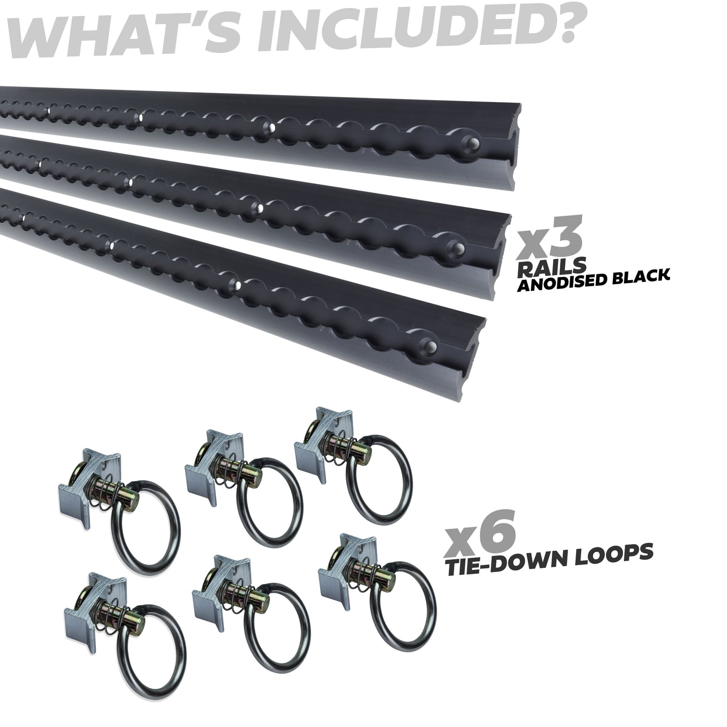 3x Cargo Track/Rails + 6x Tie-down loops - Wide Type - Black