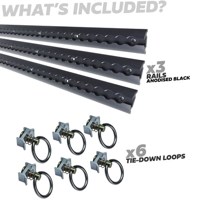 3x Cargo Track/Rails + 6x Tie-down loops - Wide Type - Black