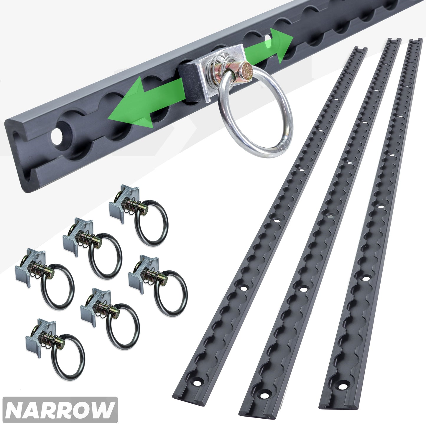 3x Cargo Track/Rails + 6x Tie-down loops - Narrow Type - Black