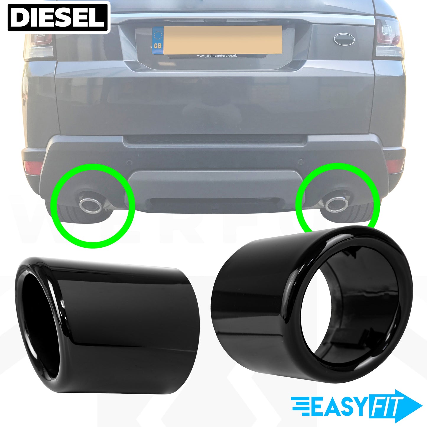 Round Exhaust Tips - Pair - DIESEL - Gloss Black for Range Rover Sport L494 (2014-17)