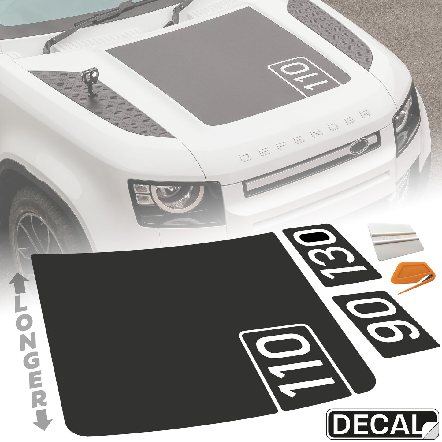 Bonnet Decal '90+110+130' - Aftermarket (Longer) for Land Rover Defender L663