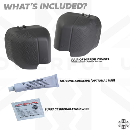 Extended Mirror Covers Chequer Plate  for Land Rover Defender L663 - with Action Camera Mount