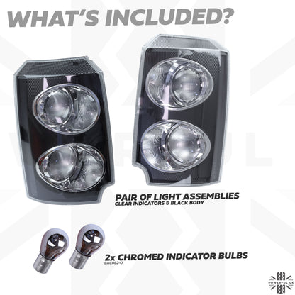 Front Side Light / Indicator Assembly for Range Rover L322 - Clear Indicator/Black Body - PAIR