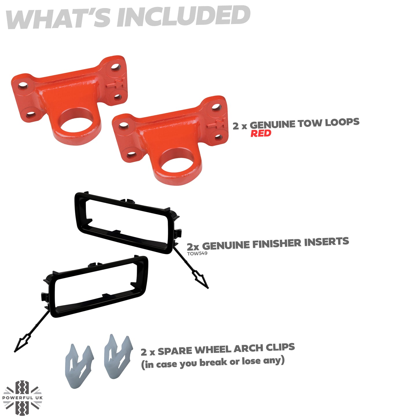 Tow Loop Upgrade Kit E - Red Loops + Genuine Finisher Inserts for Land Rover Defender L663
