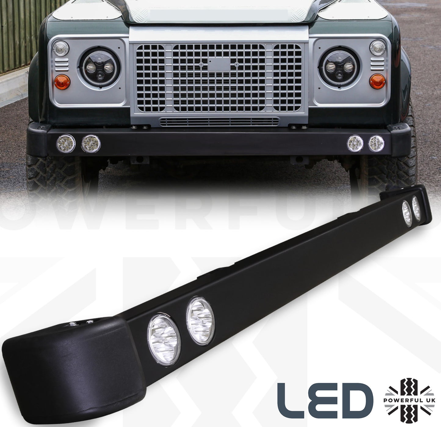 Front Bumper - Black with Round DRL's - for Land Rover Defender