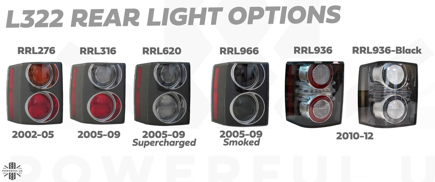 Rear Lights Clear/Clear "Supercharged Type" for Range Rover L322 2002-09 - PAIR - No Bulbs or Bulb Holders