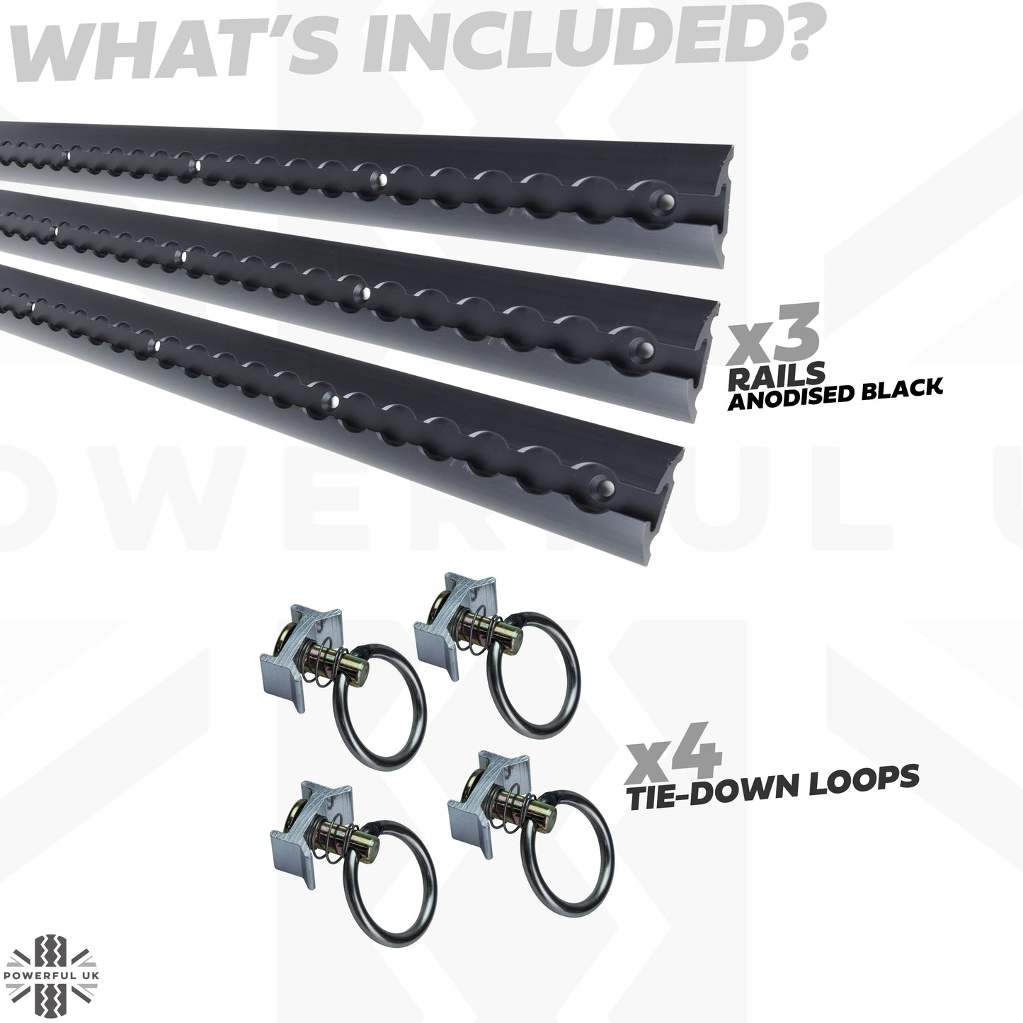 3x Cargo Track/Rails + 4x Tie-down loops - Wide Type - Black