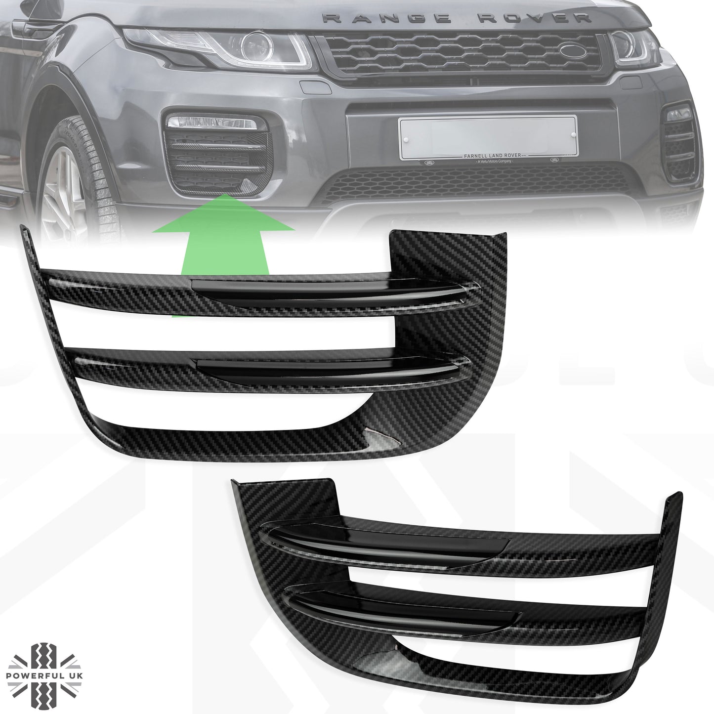 Carbon Fibre Effect Front fog Surrounds wih Black Inserts for Range Rover Evoque SE & HSE (2016-19)