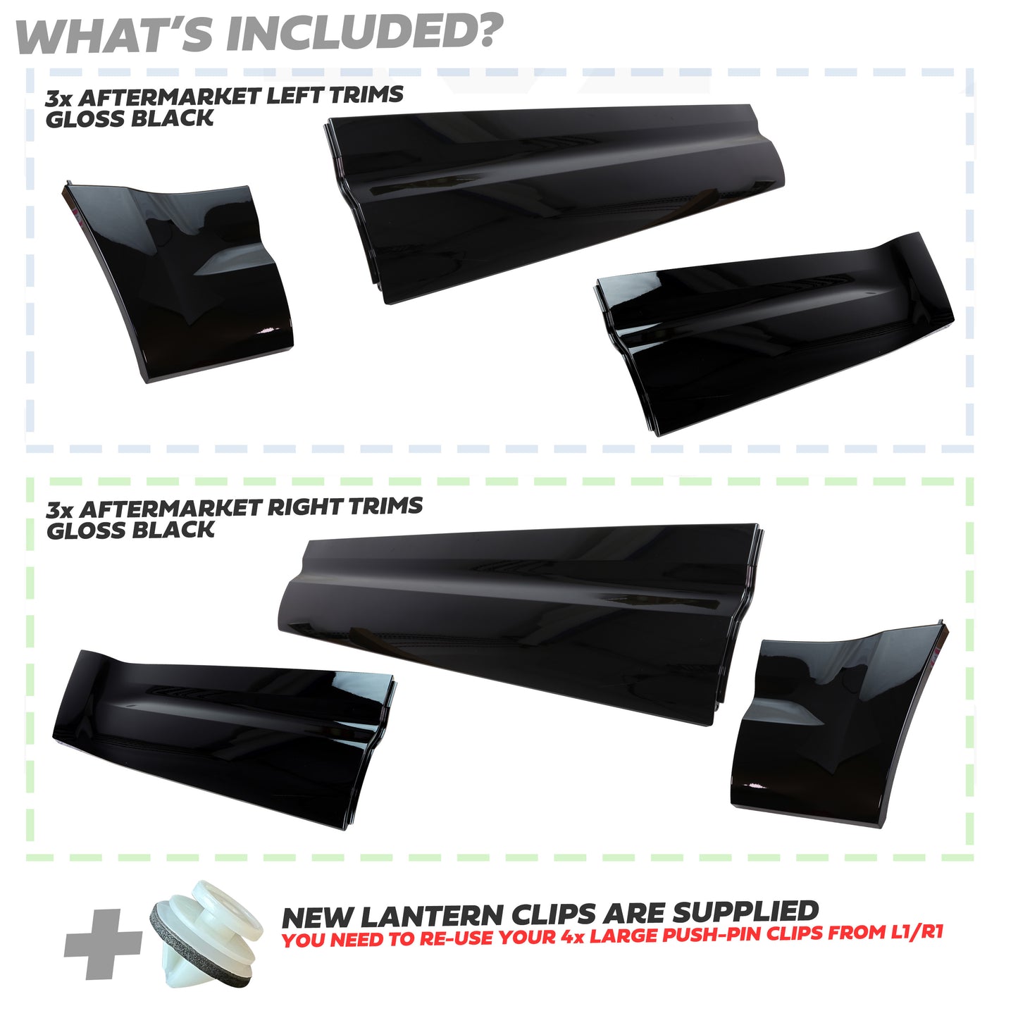 Gloss Black Lower Door Moulding 6pc Kit (Aftermarket) for Land Rover Defender L663 (110+130 Models)