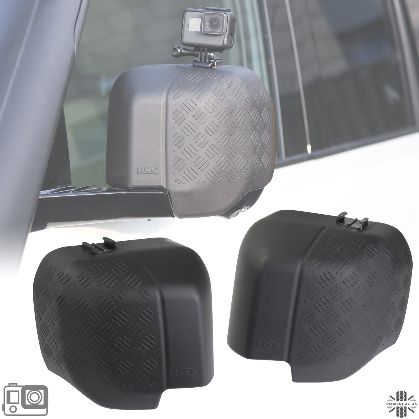 Extended Mirror Covers Chequer Plate  for Land Rover Defender L663 - with Action Camera Mount