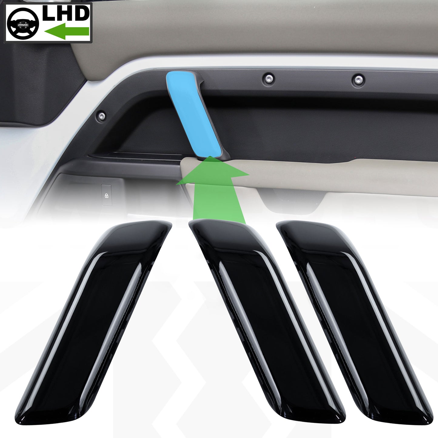 3pc Interior Door Pull Finishers in Gloss Black for Defender L663 110 - LHD