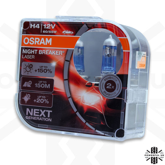 OSRAM H4 high Power " Night Breaker LASER" Bulbs (Pair) for Land Rover Defender