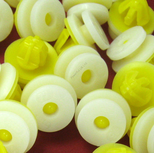 Yellow & White plastic wheel arch door moulding clips for Land Rover Freelander 1 - 10 pack