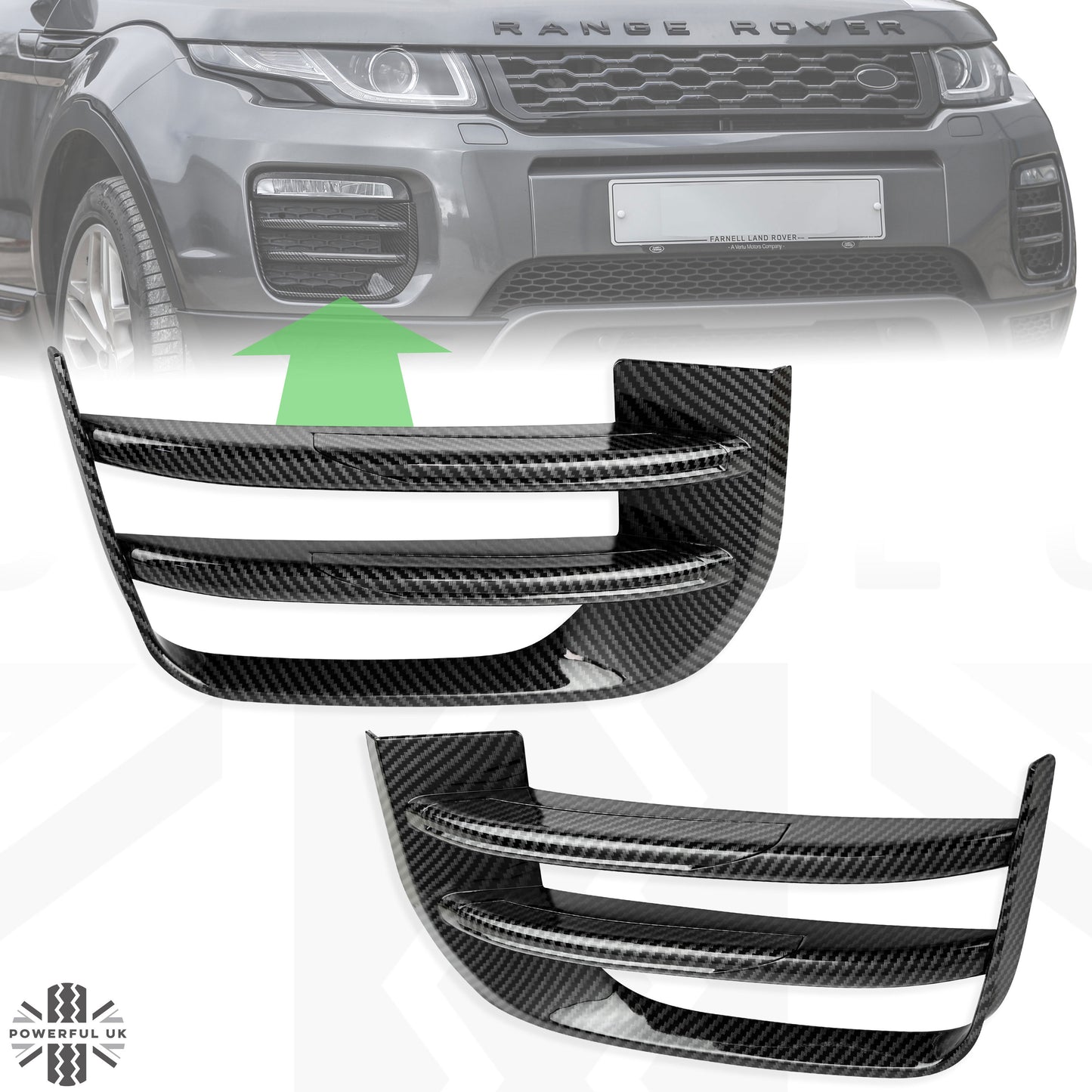 Carbon Fibre Effect Front fog Surrounds wih Carbon Fibre Effect Inserts for Range Rover Evoque SE & HSE (2016-19)
