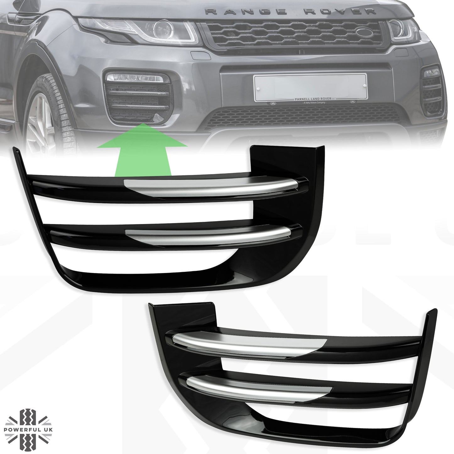 Black Front fog Surrounds wih Silver Inserts for Range Rover Evoque SE & HSE (2016-19)