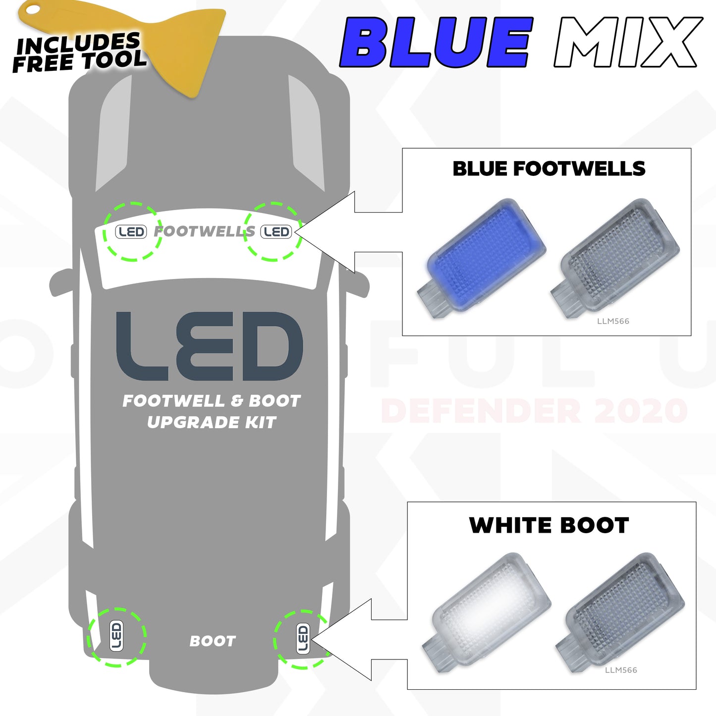 LED Interior Footwell + Boot KIT - Blue + White Ambient Light for