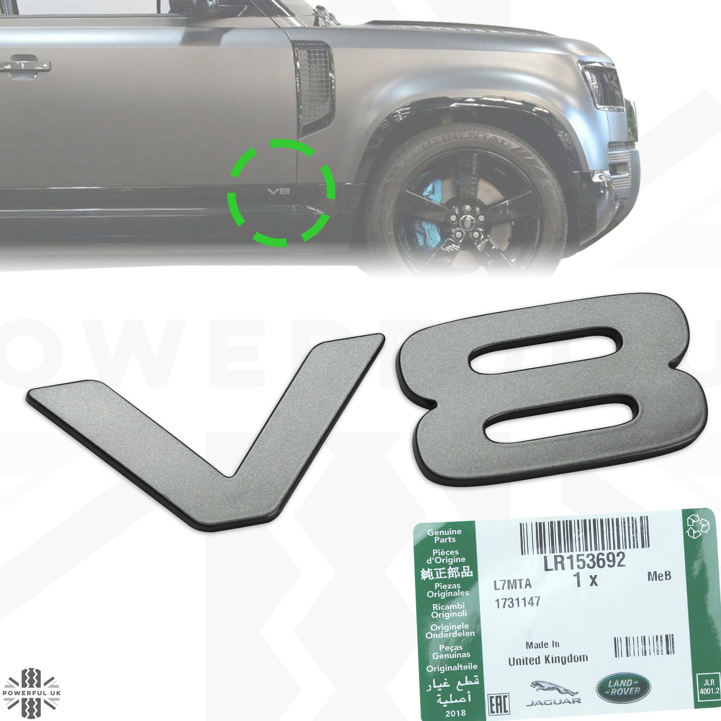 1x Genuine 'V8' Badge for Land Rover Defender L663 - Shadow Atlas