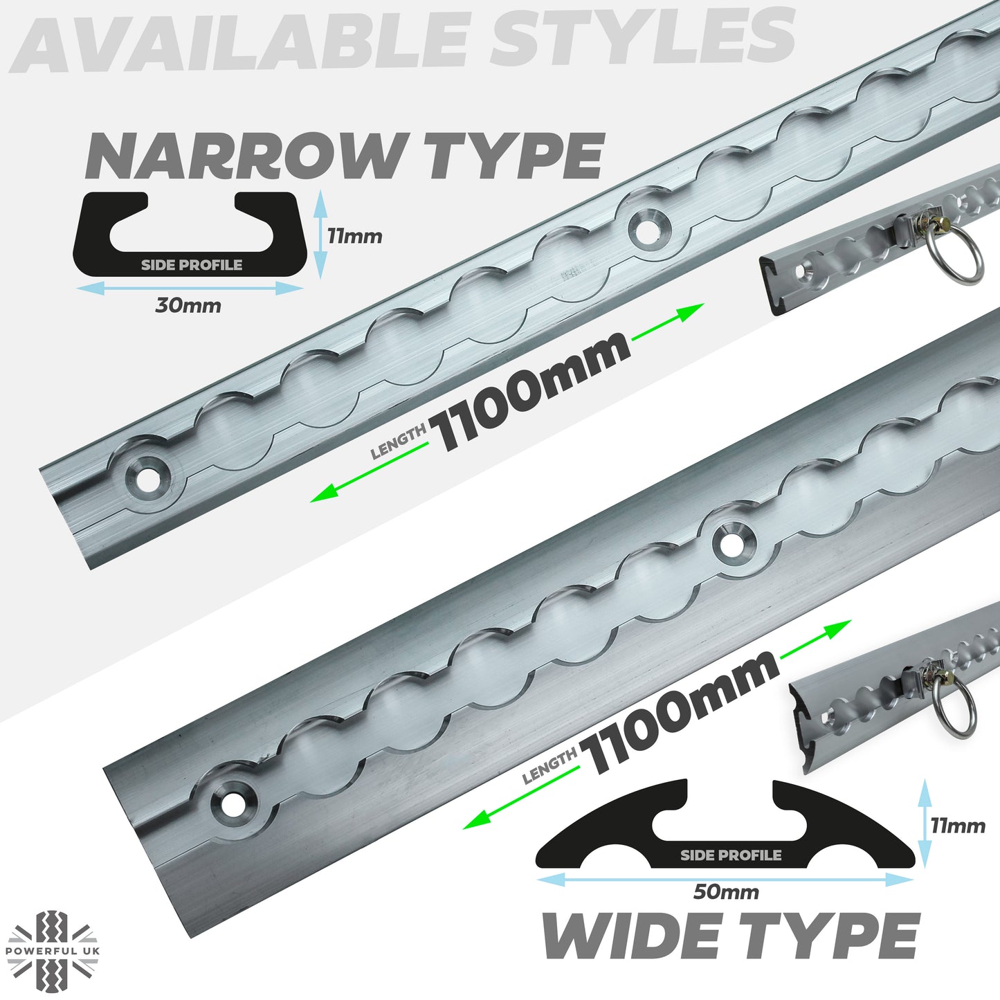 3x Cargo Track/Rails + 4x Tie-down loops - Wide Type - Black